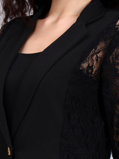 Powersutra Black Lace ÉLan 3-Piece Co-Ord Set With Tailored Blazer, Camisole & Straight Trousers