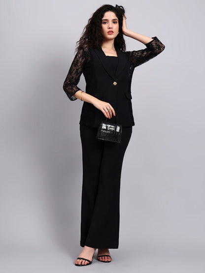 Powersutra Black Lace ÉLan 3-Piece Co-Ord Set With Tailored Blazer, Camisole & Straight Trousers