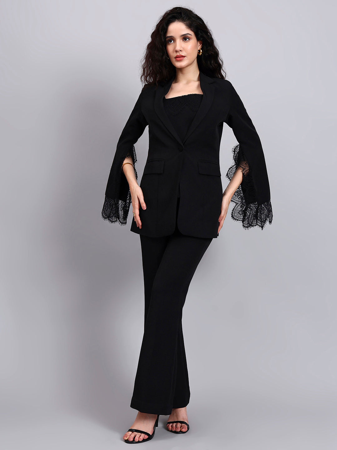 Powersutra Black Swan 3-Piece Co-Ord Set With Tailored Lace-Trimmed Blazer, V-Neck Camisole, And Flared Trousers