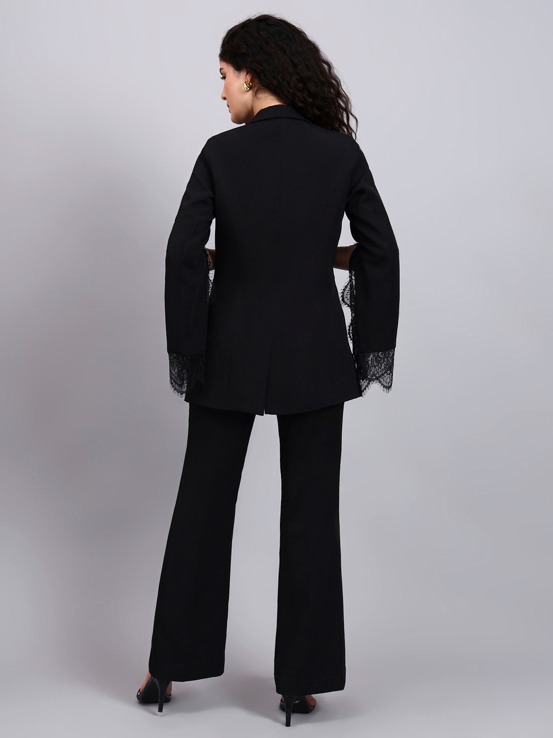 Powersutra Black Swan 3-Piece Co-Ord Set With Tailored Lace-Trimmed Blazer, V-Neck Camisole, And Flared Trousers