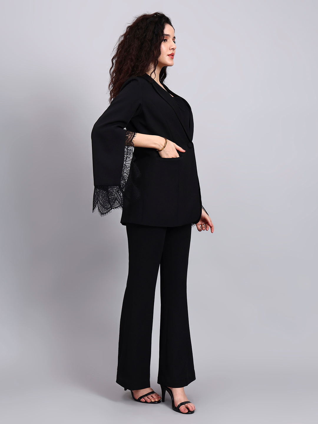 Powersutra Black Swan 3-Piece Co-Ord Set With Tailored Lace-Trimmed Blazer, V-Neck Camisole, And Flared Trousers