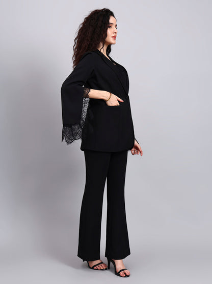 Powersutra Black Swan 3-Piece Co-Ord Set With Tailored Lace-Trimmed Blazer, V-Neck Camisole, And Flared Trousers