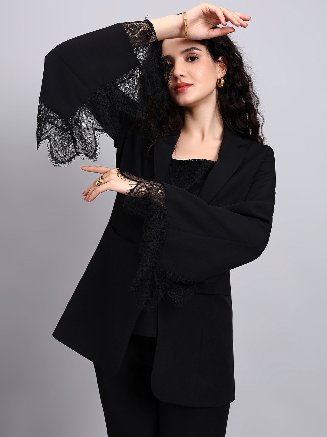 Powersutra Black Swan 3-Piece Co-Ord Set With Tailored Lace-Trimmed Blazer, V-Neck Camisole, And Flared Trousers