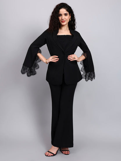 Powersutra Black Swan 3-Piece Co-Ord Set With Tailored Lace-Trimmed Blazer, V-Neck Camisole, And Flared Trousers