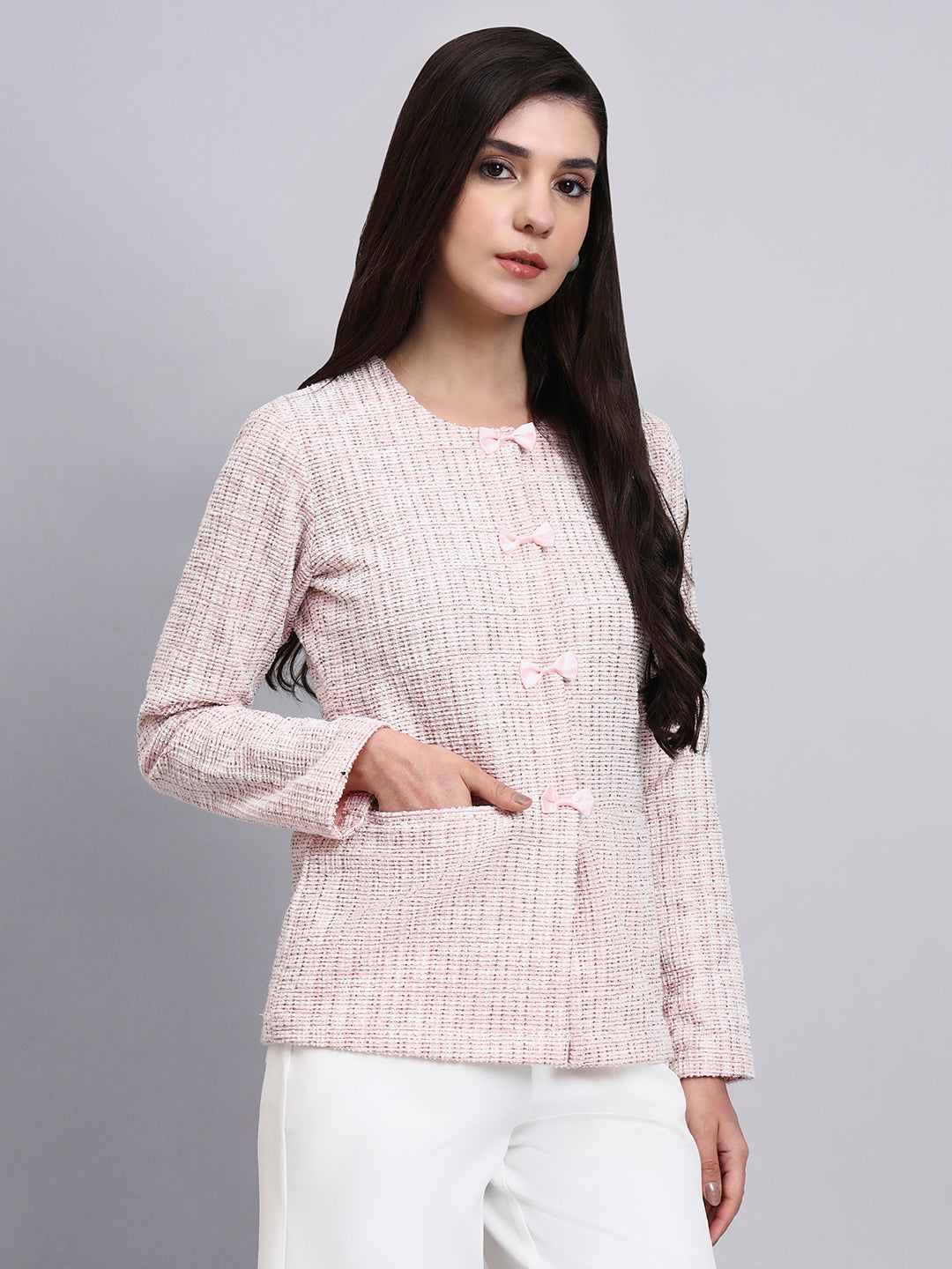 Powersutra Baby Pink Warm Tweed Stretchable Top With Dainty Bow Closures Paired With Classic Regular Fit Mid-Rise Parallel Trousers