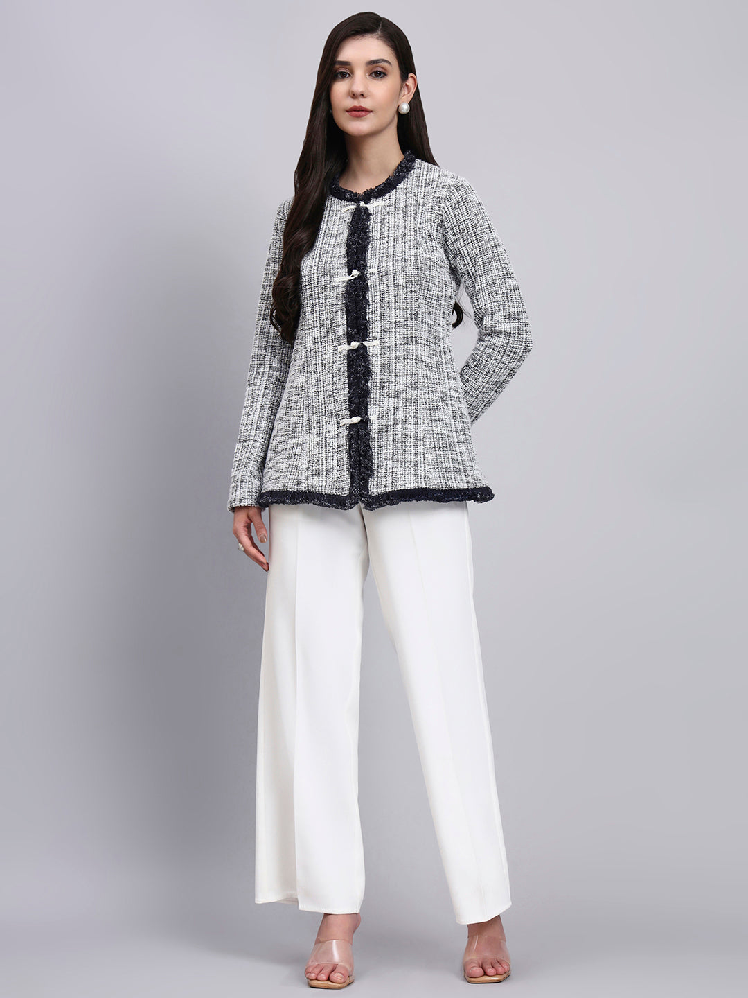 Powersutra Chic Black And White Warm Tweed Stretchable Top With Dainty Thread Button Closures Paired With Classic Regular Fit Mid-Rise Parallel Trousers