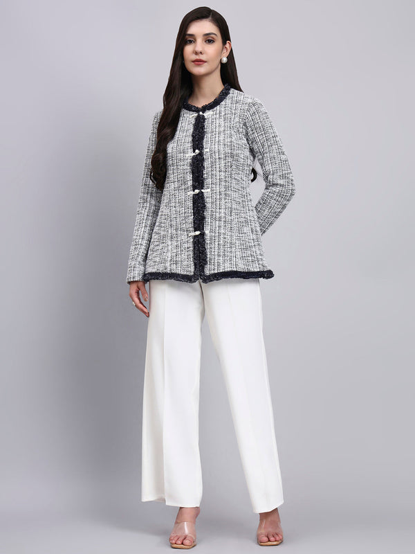 Powersutra Chic Black And White Warm Tweed Stretchable Top With Dainty Thread Button Closures Paired With Classic Regular Fit Mid-Rise Parallel Trousers