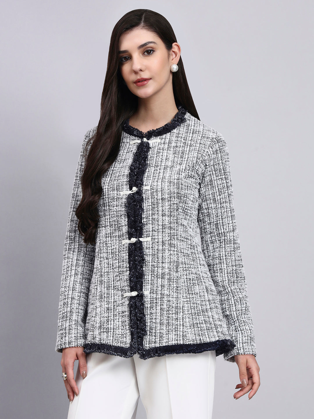 Powersutra Chic Black And White Warm Tweed Stretchable Top With Dainty Thread Button Closures Paired With Classic Regular Fit Mid-Rise Parallel Trousers