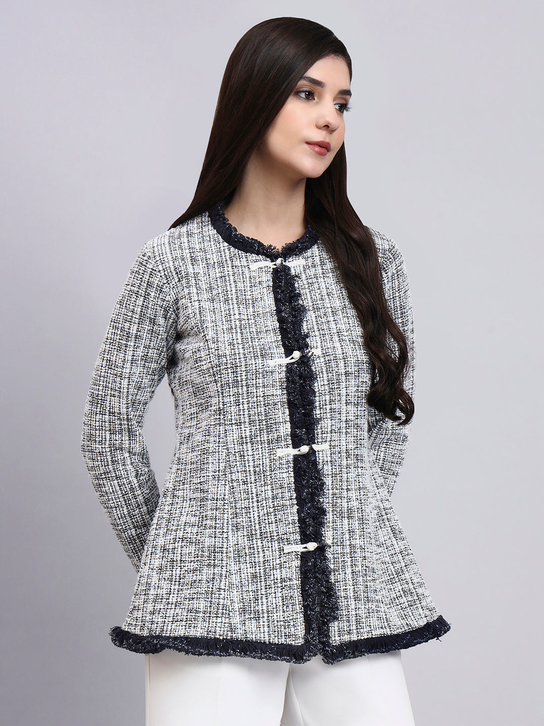 Powersutra Chic Black And White Warm Tweed Stretchable Top With Dainty Thread Button Closures Paired With Classic Regular Fit Mid-Rise Parallel Trousers