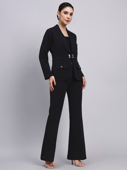 Powersutra Tailored Black Co-Ord Set Featuring Metallic Button With Flared Pants