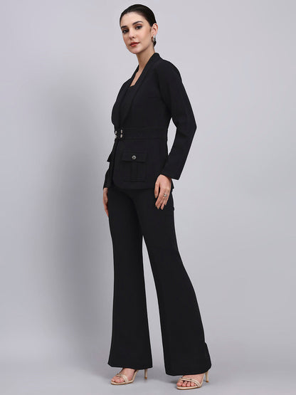 Powersutra Tailored Black Co-Ord Set Featuring Metallic Button With Flared Pants
