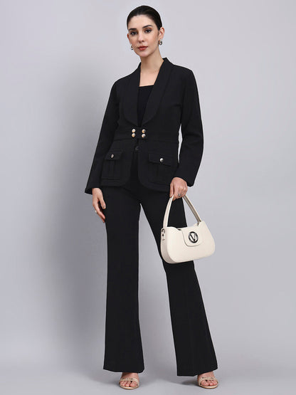 Powersutra Tailored Black Co-Ord Set Featuring Metallic Button With Flared Pants