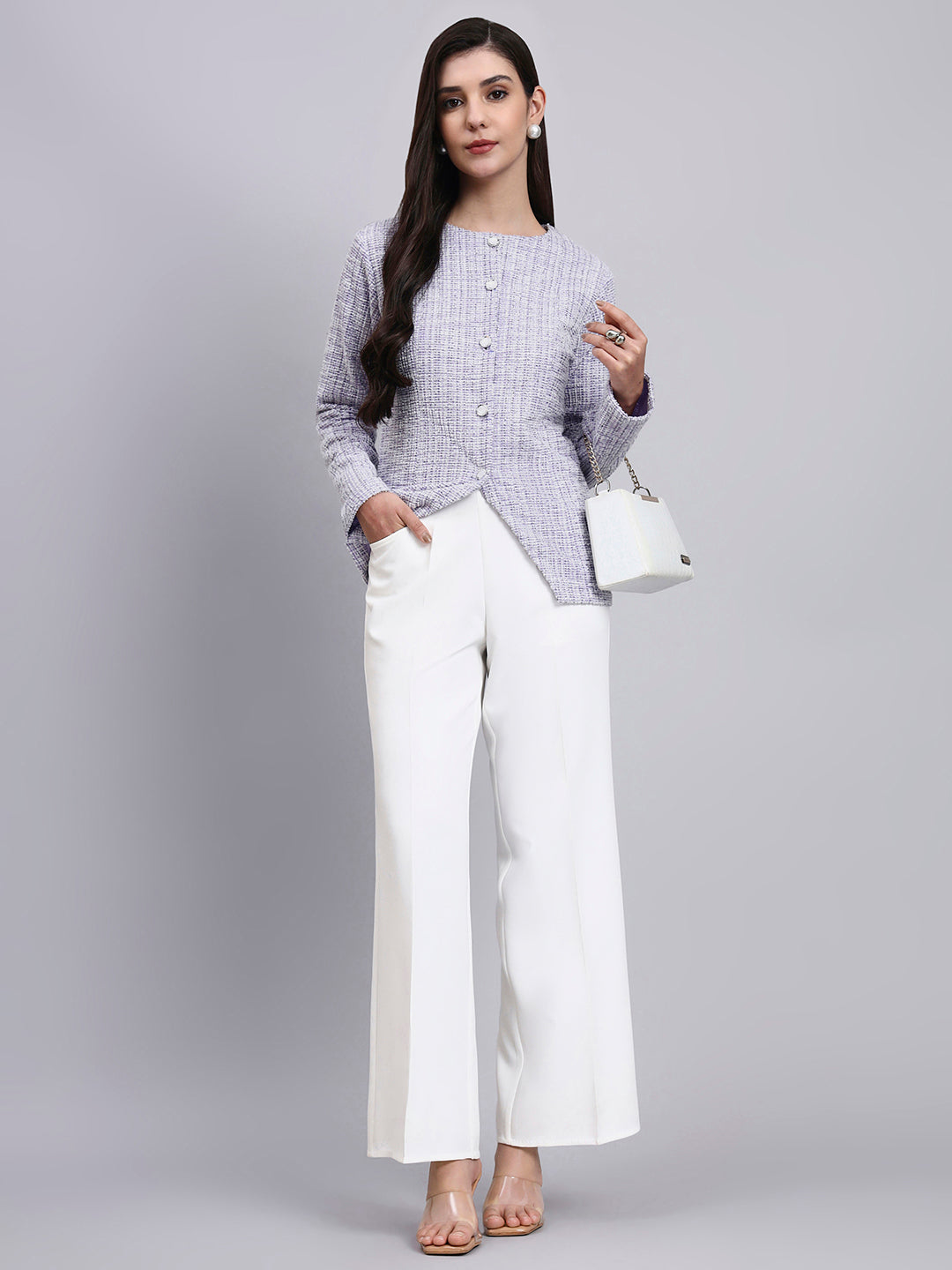 Powersutra Elegant Lilac Warm Tweed Stretchable Top With Pearl Button Detailing And A Sleek Front-Slit Silhouette Paired With Classic Regular Fit Mid-Rise Parallel Trousers