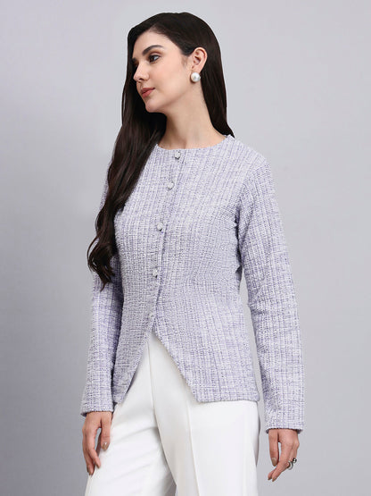 Powersutra Elegant Lilac Warm Tweed Stretchable Top With Pearl Button Detailing And A Sleek Front-Slit Silhouette Paired With Classic Regular Fit Mid-Rise Parallel Trousers
