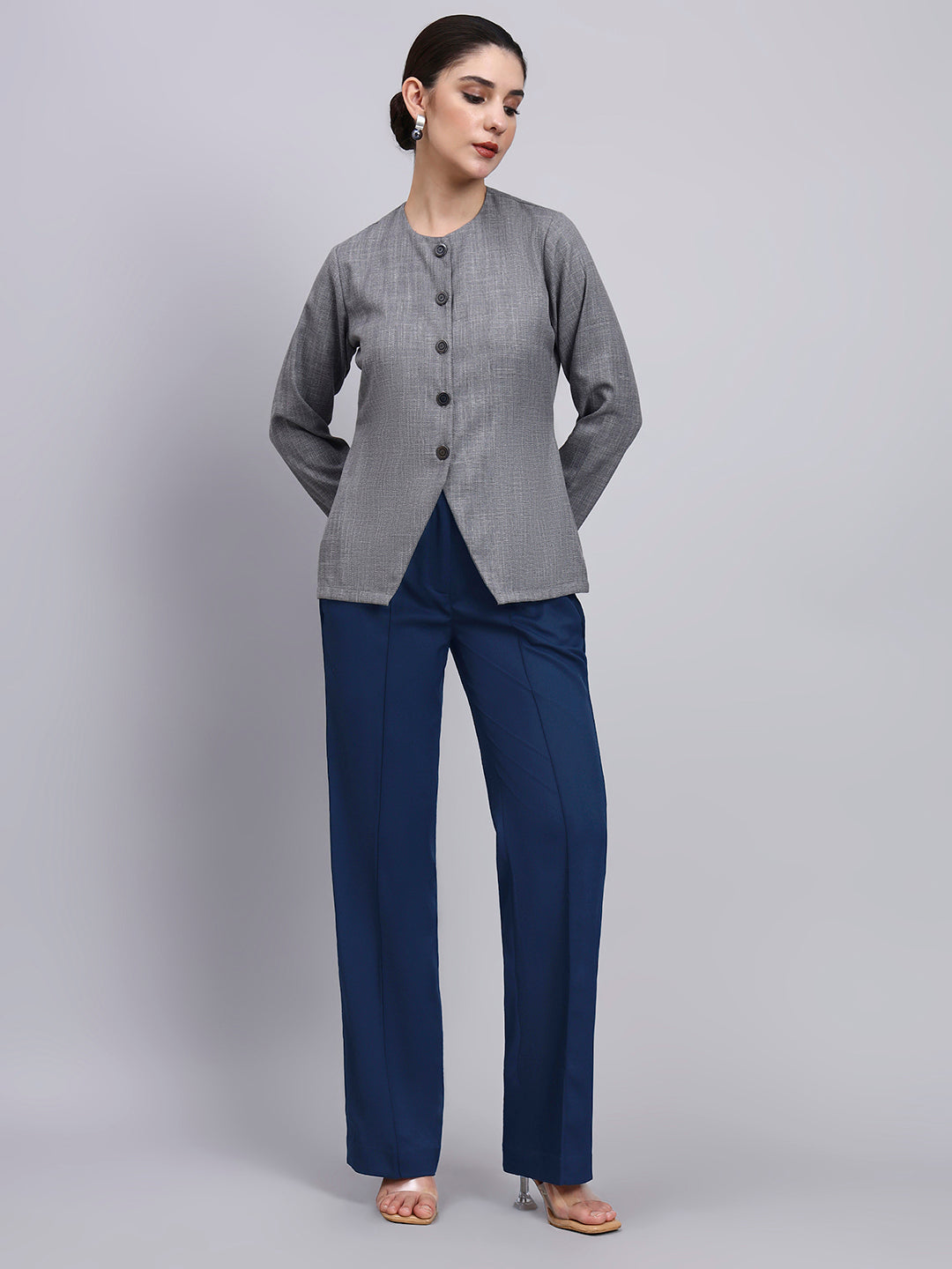 Powersutra Tailored Grey Textured Co-Ord Set Featuring Metallic Button With Flared Navy Blue Pants