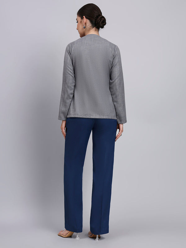 Powersutra Tailored Grey Textured Co-Ord Set Featuring Metallic Button With Flared Navy Blue Pants