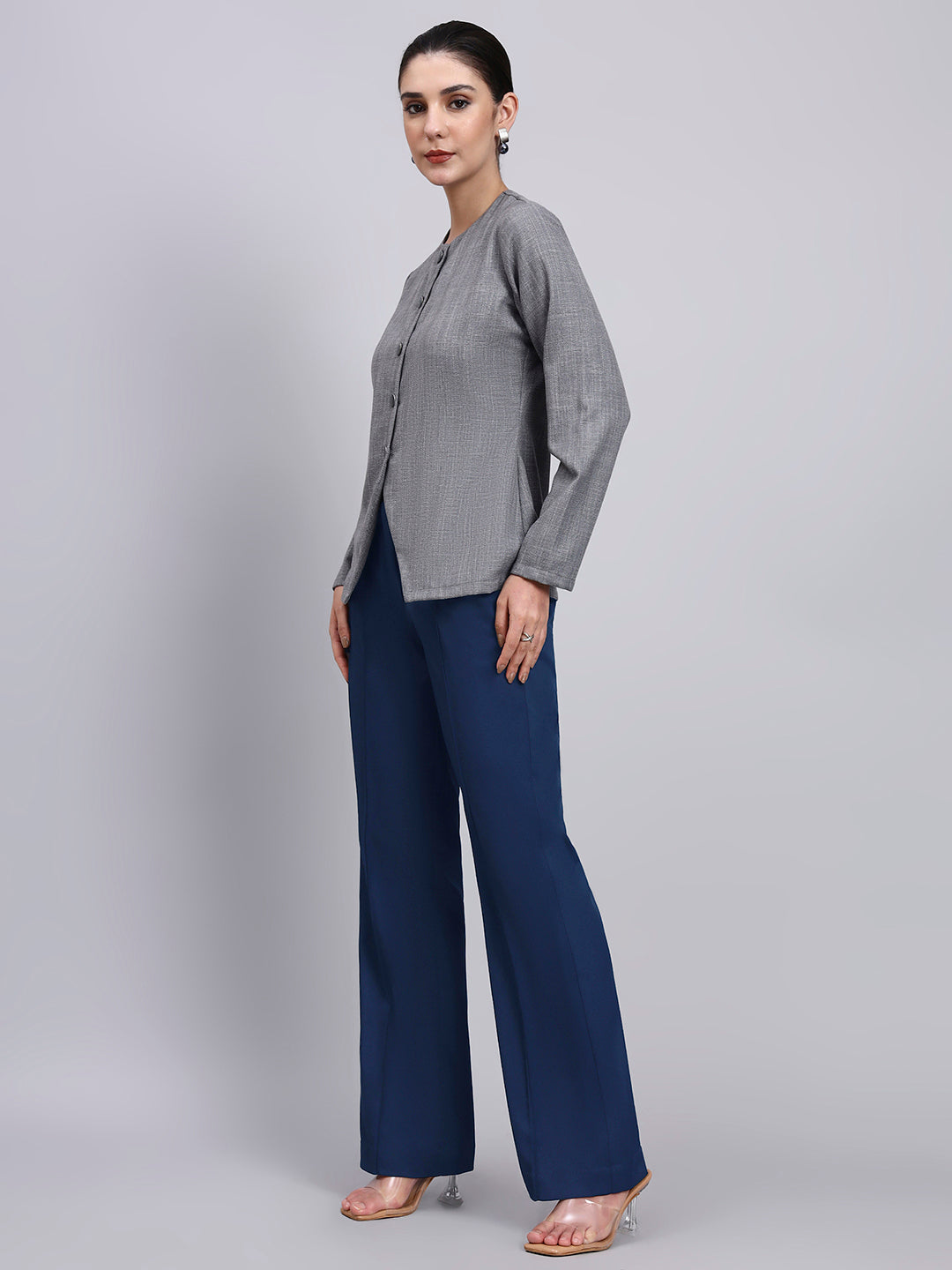 Powersutra Tailored Grey Textured Co-Ord Set Featuring Metallic Button With Flared Navy Blue Pants