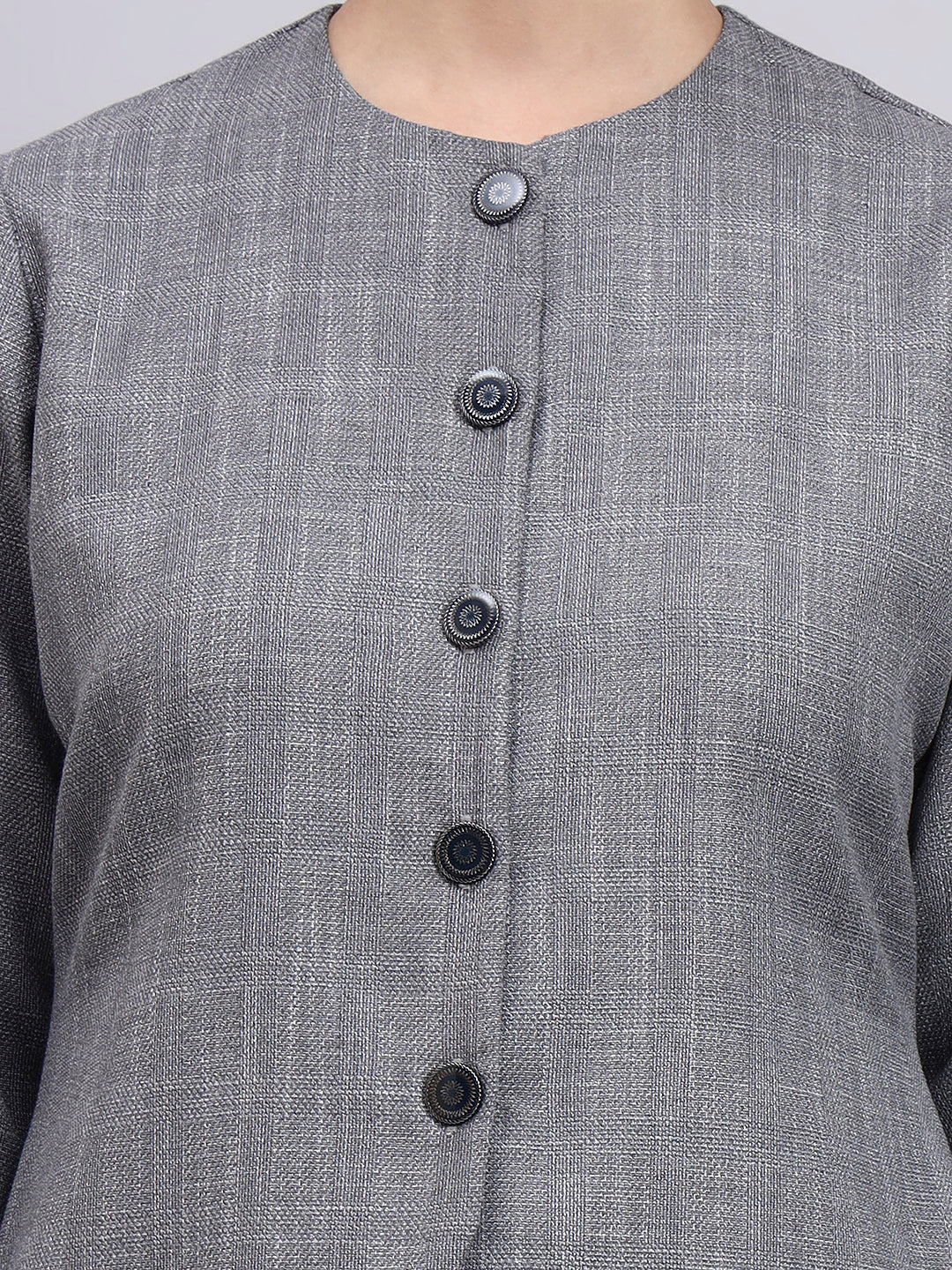 Powersutra Tailored Grey Textured Co-Ord Set Featuring Metallic Button With Flared Navy Blue Pants