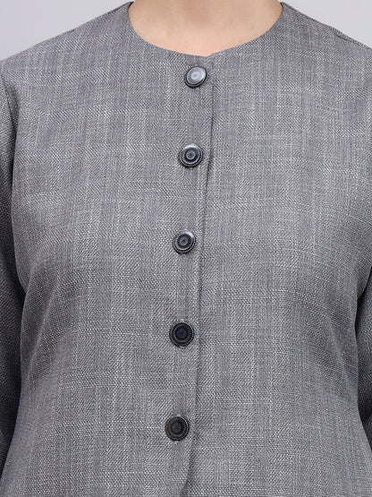 Powersutra Tailored Grey Textured Co-Ord Set Featuring Metallic Button With Flared Navy Blue Pants