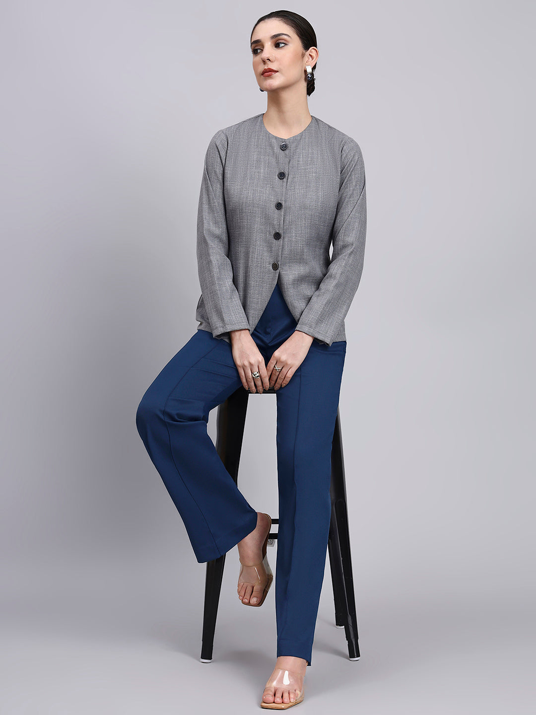 Powersutra Tailored Grey Textured Co-Ord Set Featuring Metallic Button With Flared Navy Blue Pants
