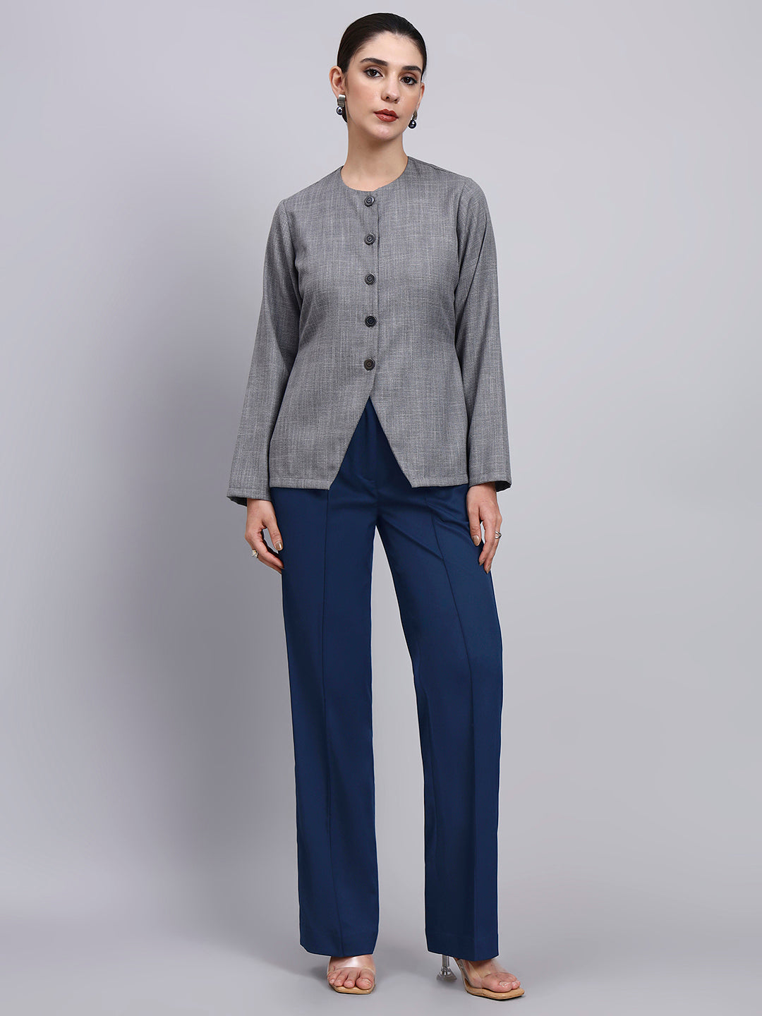 Powersutra Tailored Grey Textured Co-Ord Set Featuring Metallic Button With Flared Navy Blue Pants