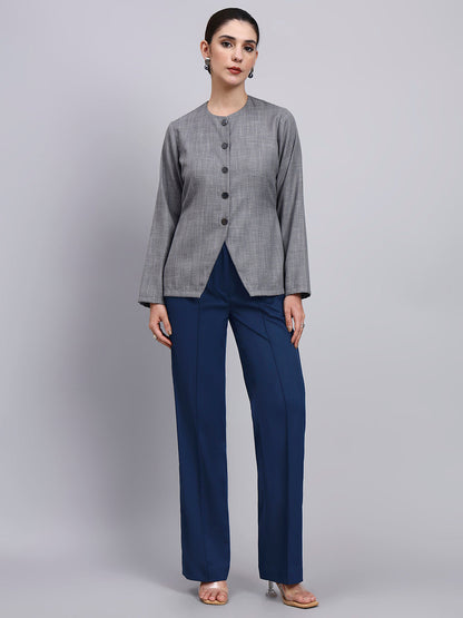 Powersutra Tailored Grey Textured Co-Ord Set Featuring Metallic Button With Flared Navy Blue Pants