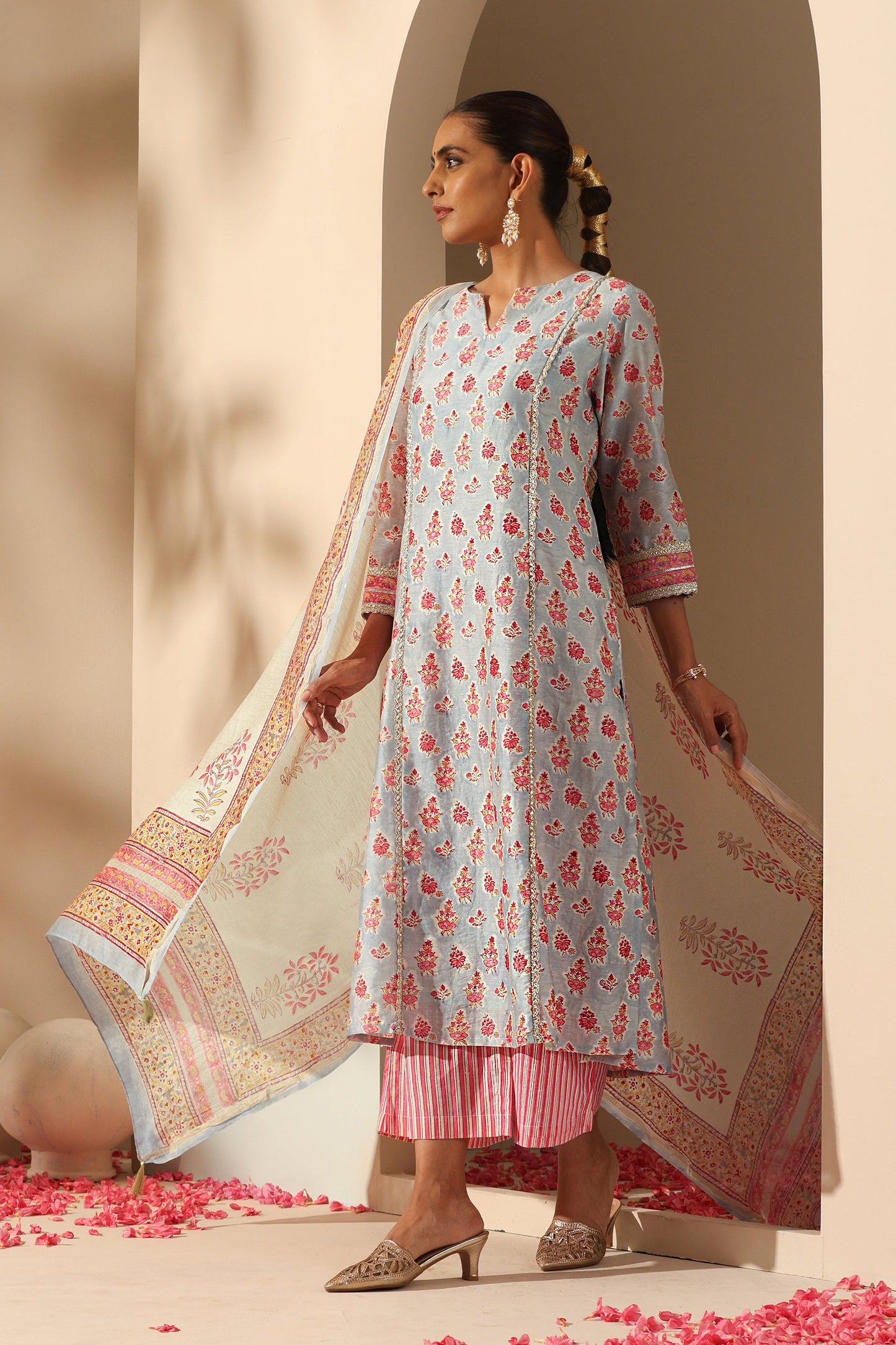 Murraya Calla Blue Chanderi Kurta Set of 3