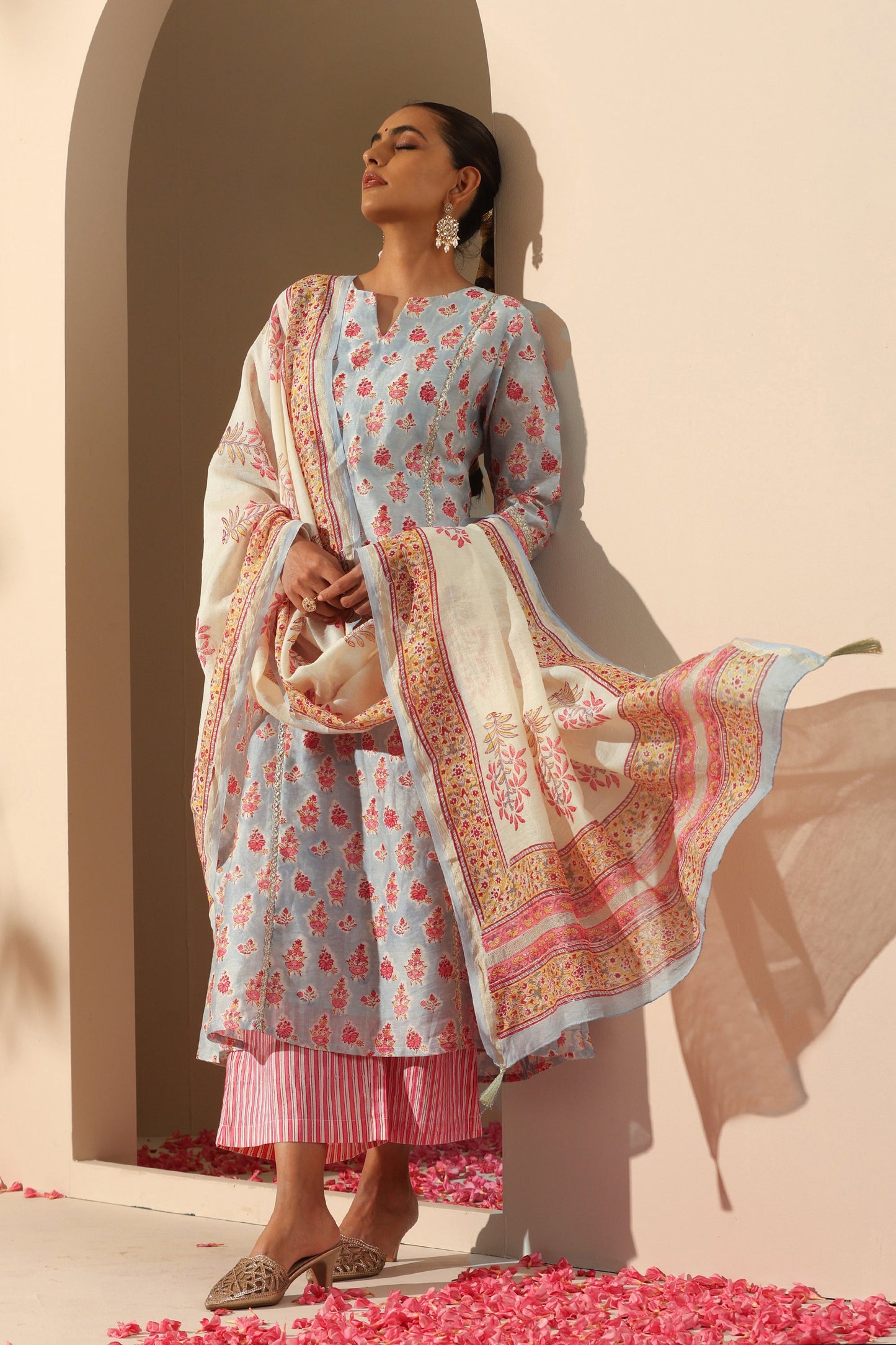 Murraya Calla Blue Chanderi Kurta Set of 3