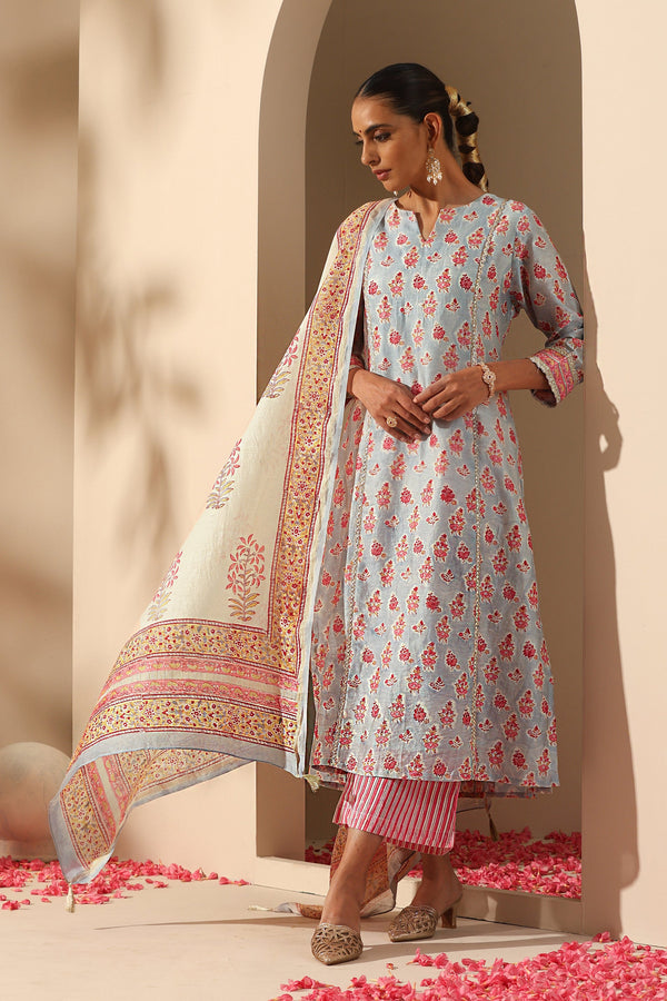 Murraya Calla Blue Chanderi Kurta Set of 3