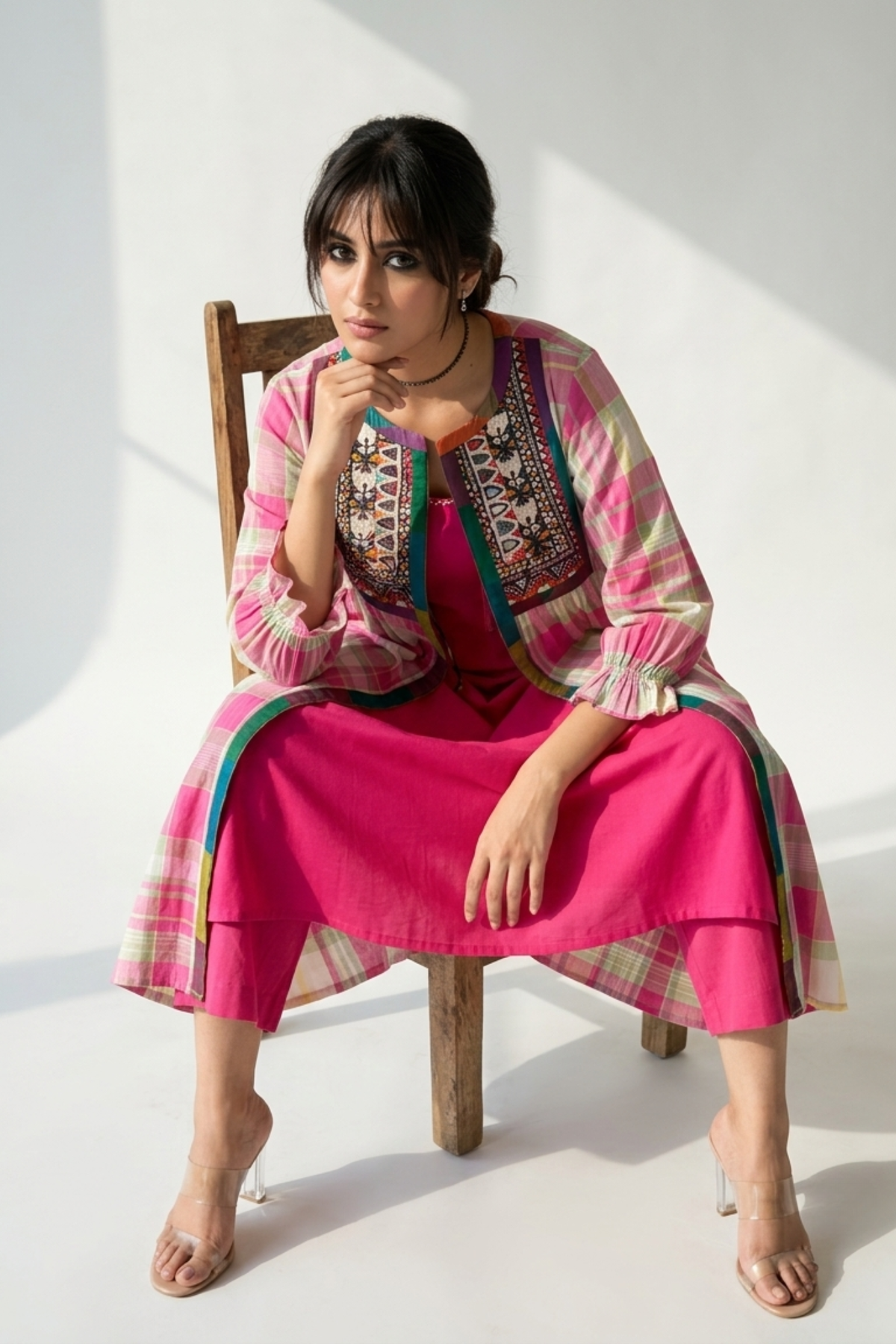 Candy Mint Blossom Madras Checks Vintage Kutchi Yoke Jacket Mc
