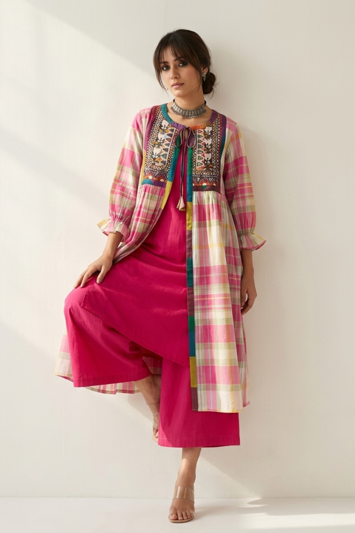 Candy Mint Blossom Madras Checks Vintage Kutchi Yoke Jacket Mc