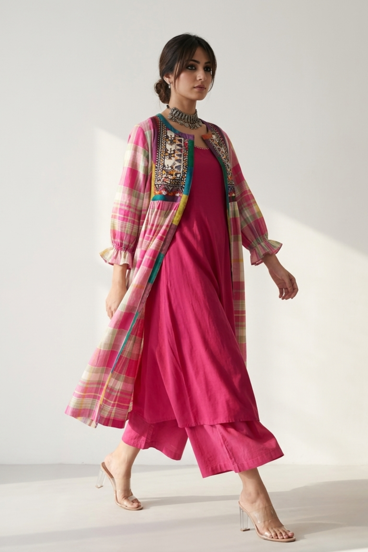 Candy Mint Blossom Madras Checks Vintage Kutchi Yoke Jacket Mc