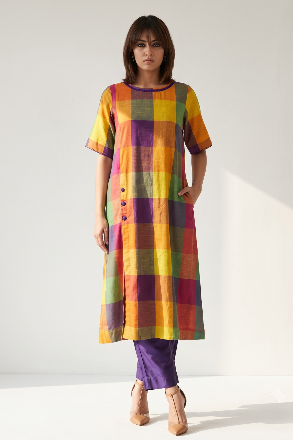 Carnival Madras Checks Cotton Side Button Adjustable Slit Kurta Mc
