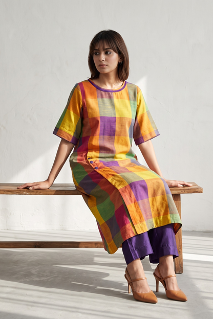 Carnival Madras Checks Cotton Side Button Adjustable Slit Kurta Mc