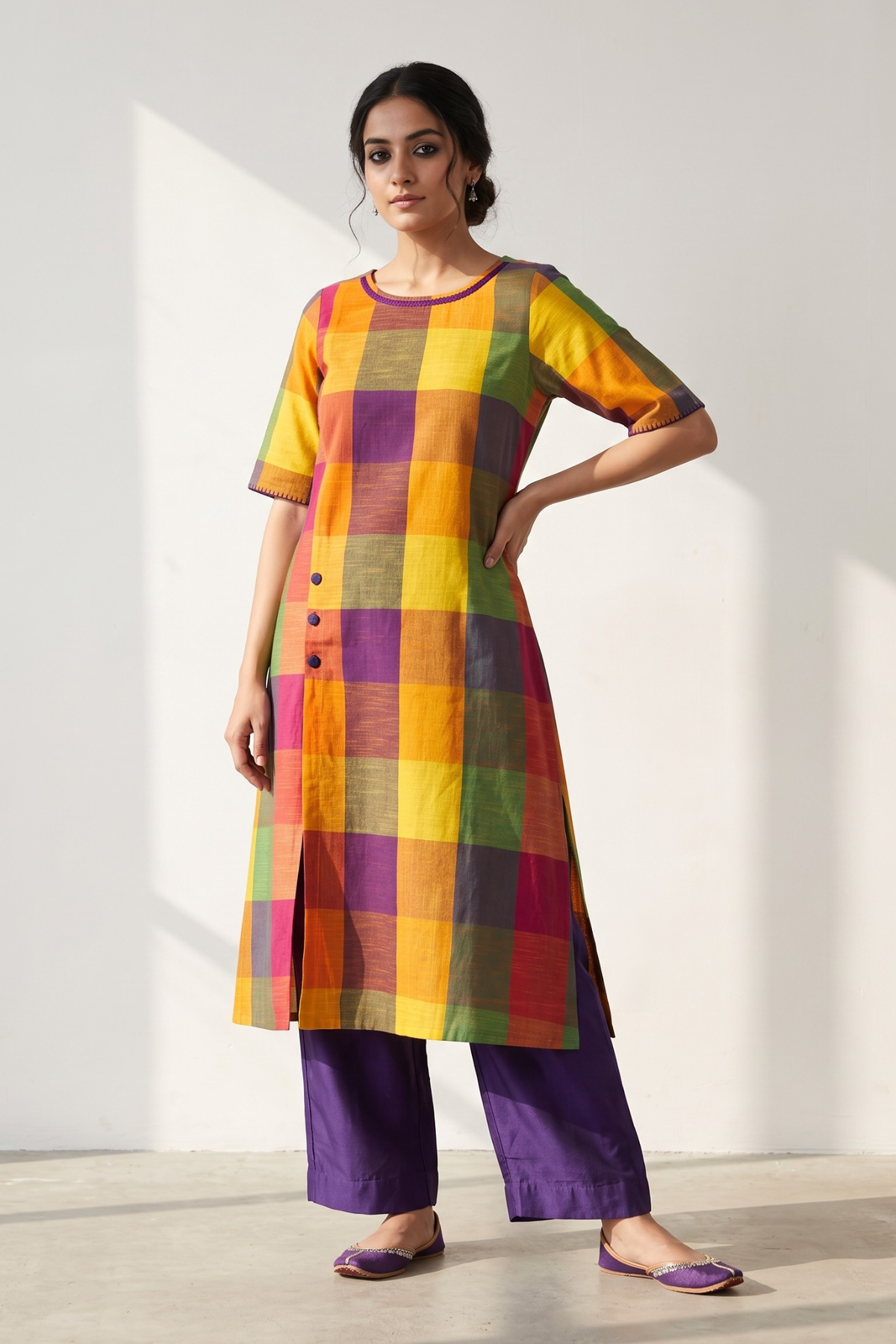 Carnival Madras Checks Cotton Side Button Adjustable Slit Kurta Mc