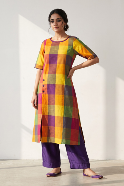 Carnival Madras Checks Cotton Side Button Adjustable Slit Kurta Mc