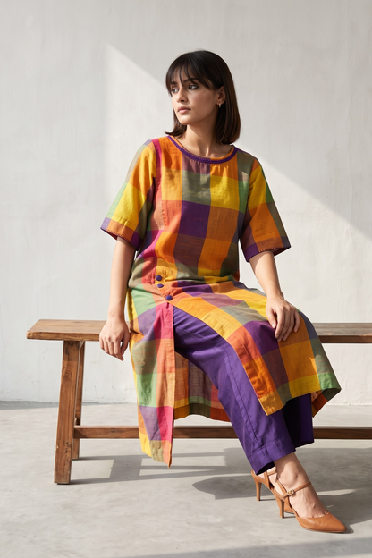 Carnival Madras Checks Cotton Side Button Adjustable Slit Kurta Mc