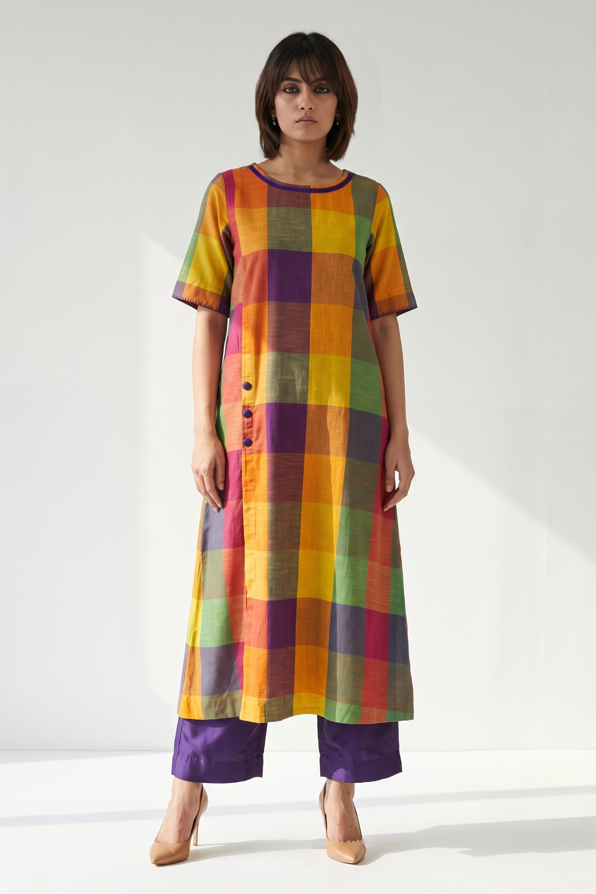 Carnival Madras Checks Cotton Side Button Adjustable Slit Kurta Mc