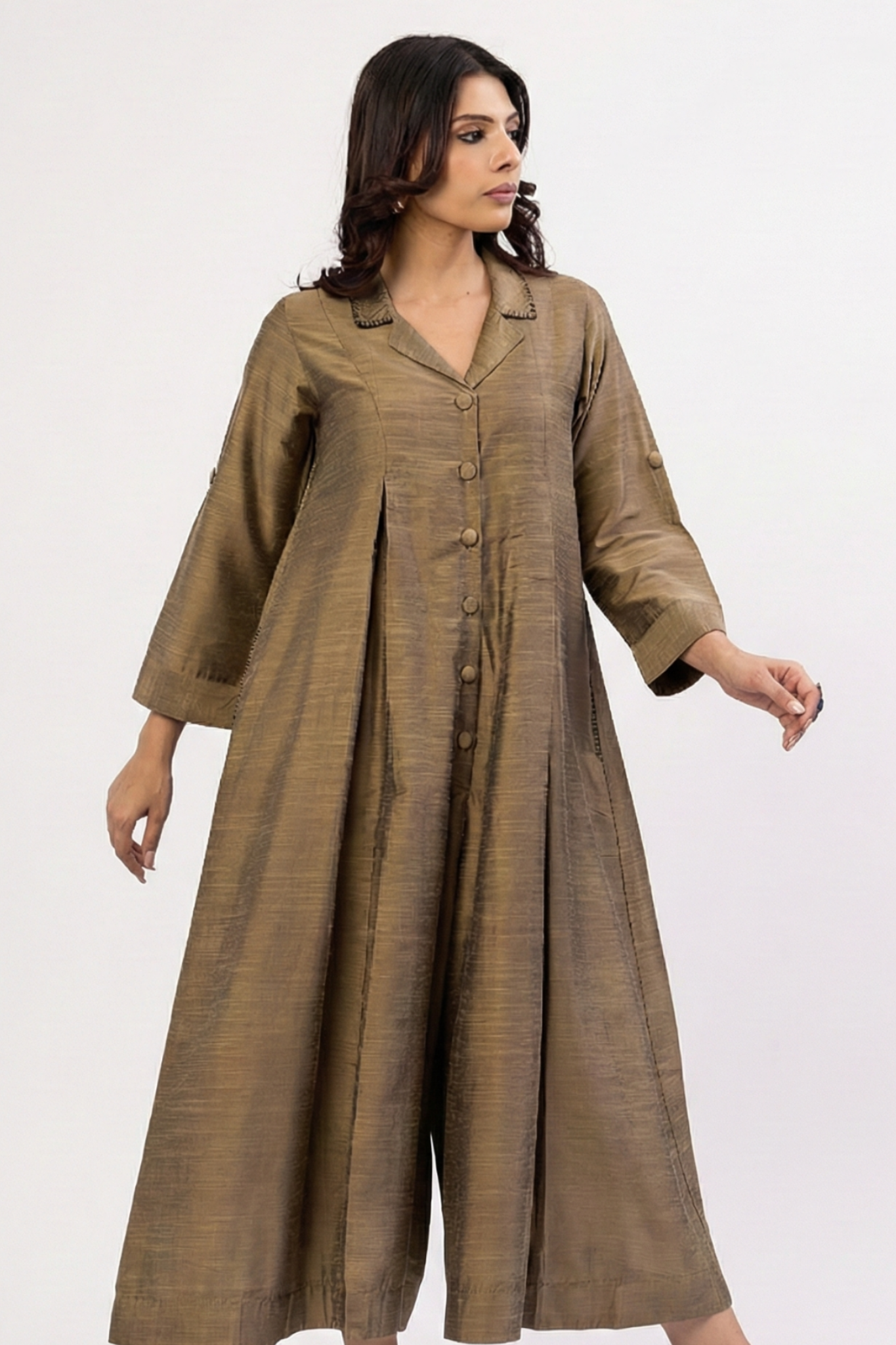 Maati Beige Luxe Silk Slub Jumpsuit With Pockets & Collar