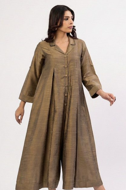 Maati Beige Luxe Silk Slub Jumpsuit With Pockets & Collar