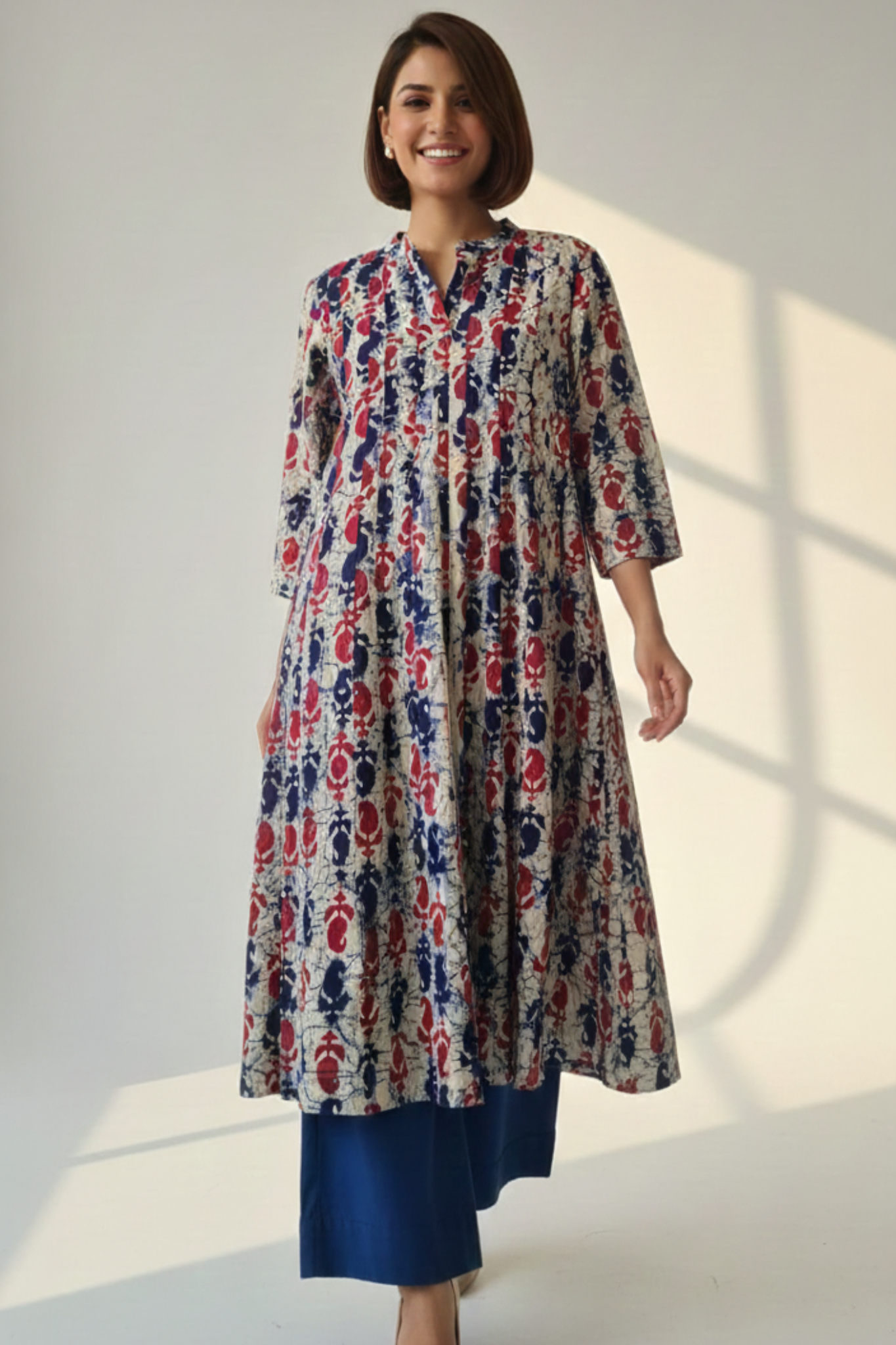 Maati Azure Ruby Batik Stand Collar Pintuck Yoke Anarkali