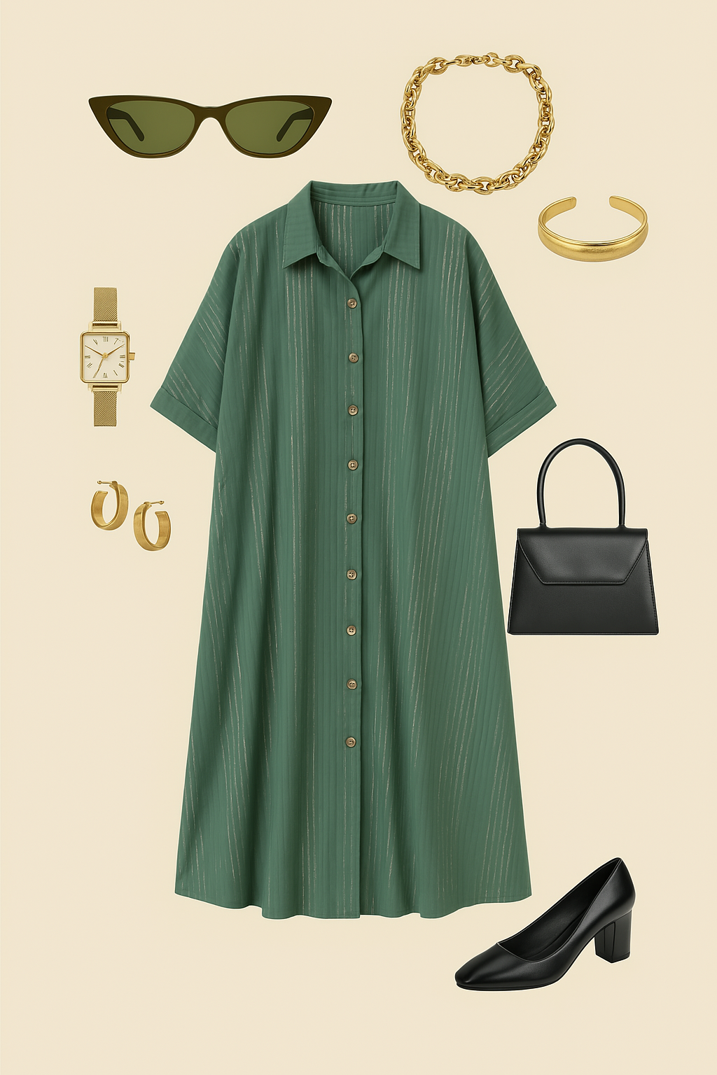 Maati Craft Emerald Gold Threads Button Down Kaftan Tunic