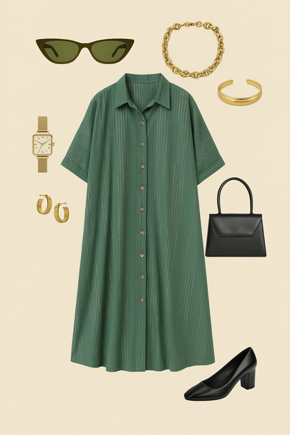 Maati Craft Emerald Gold Threads Button Down Kaftan Tunic