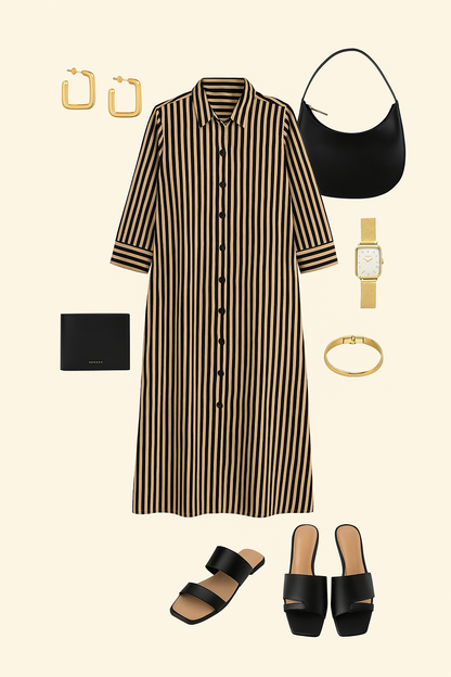 Maati Craft Earthy Noir Streak Long Shirt Dress
