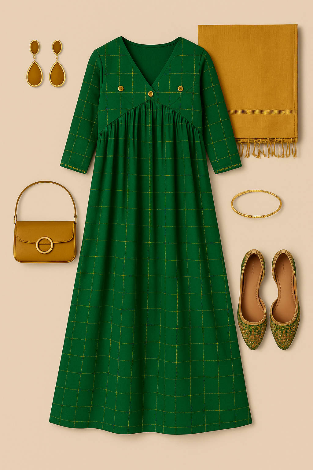 Maati Craft Emerald Checks  & Gold V-Neck Gather Anarkali