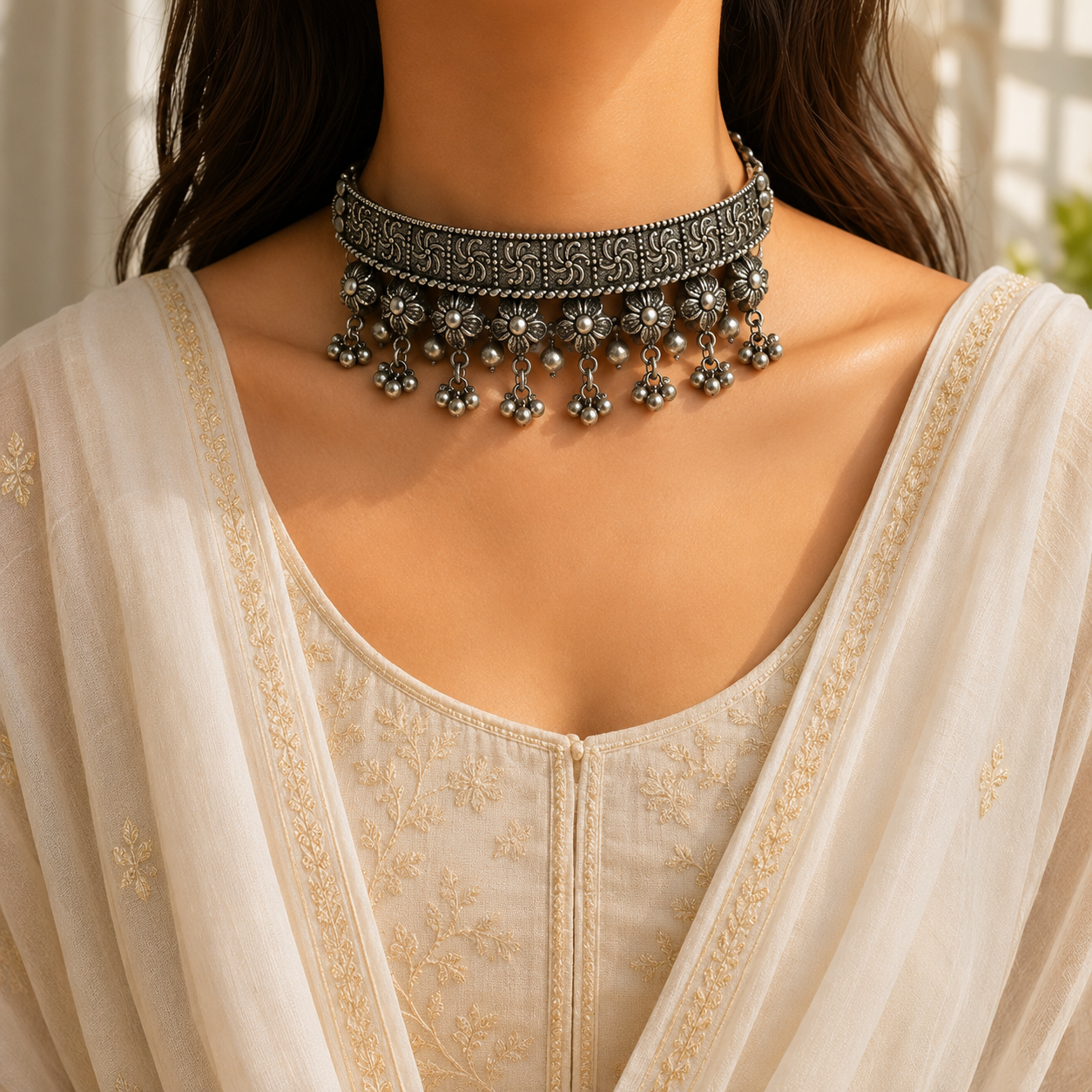Cierce Silver Look Alike Navratri Hasli Choker