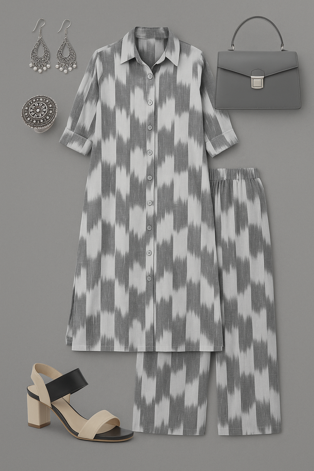 Maati Craft Co-Ord Set Silver Silence Hi-Low Hem Kurta & Pants