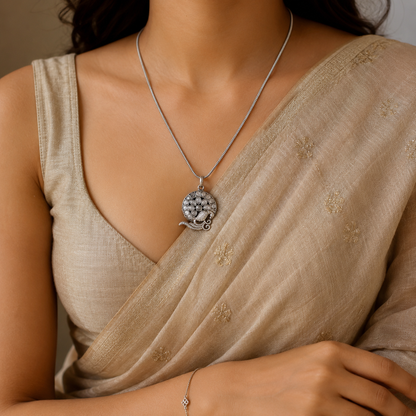 Pearl Oxidised Silver Look Alike Chain Pendant Necklace