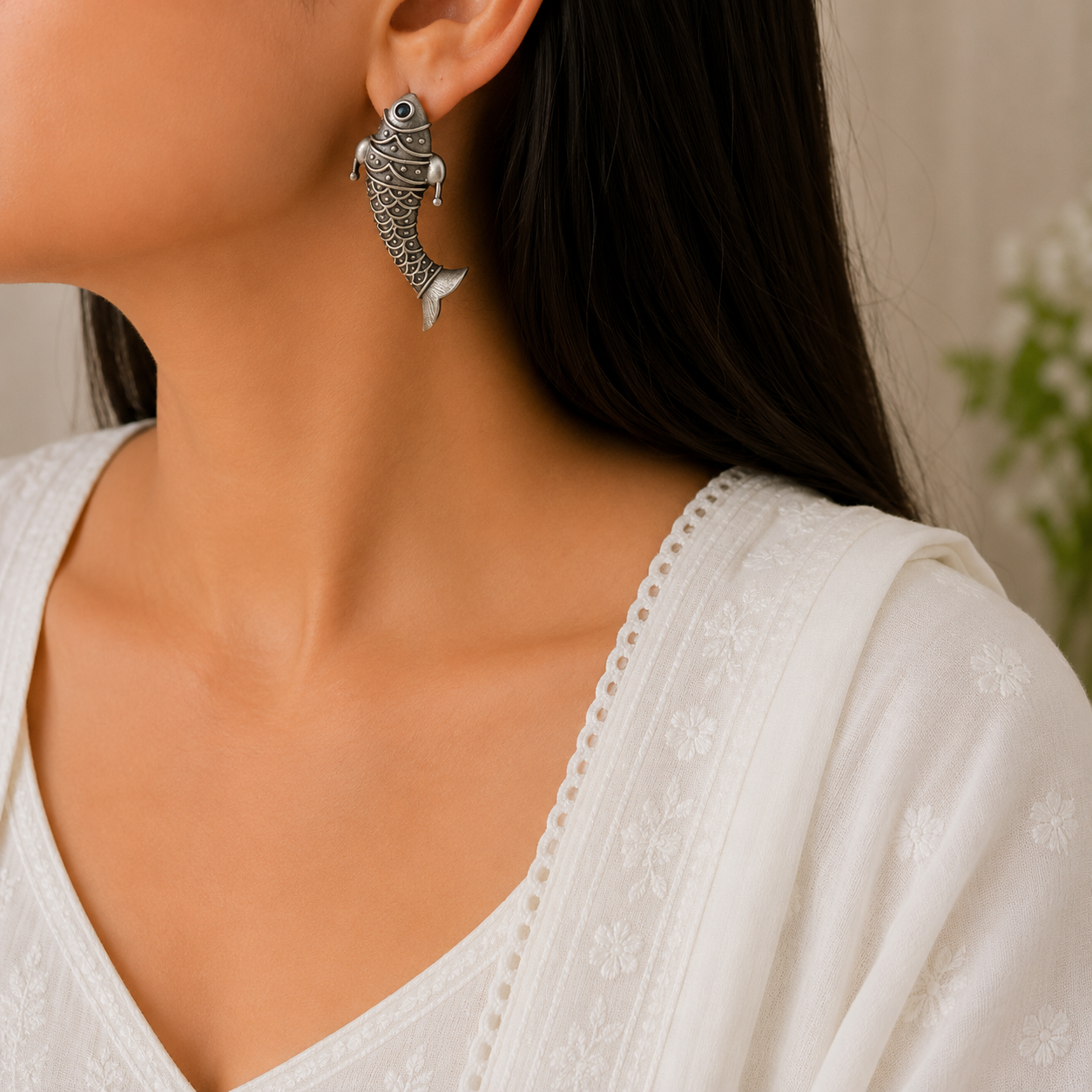 Fish Silver Look Alike Oxidised Earrings