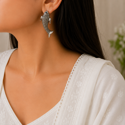 Fish Silver Look Alike Oxidised Earrings